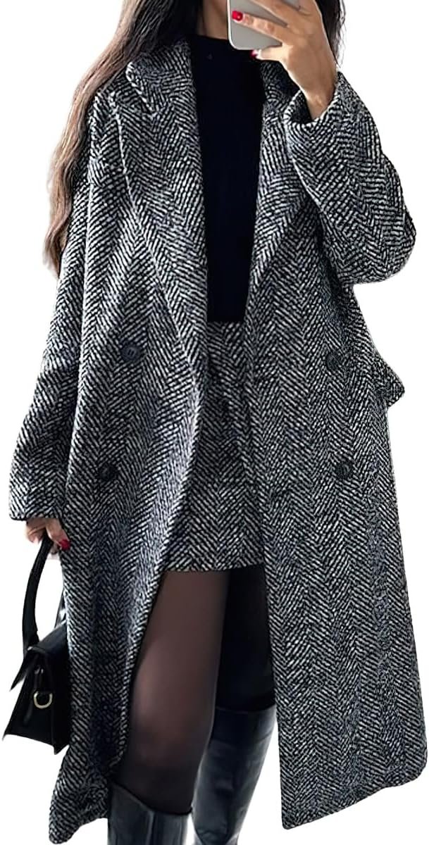 chouyatou women's winter casual herringbone wool coat double breasted notch collar dressy long trench coat chouyatou women's winter casual herringbone wool coat double breasted notch collar dressy long trench coat